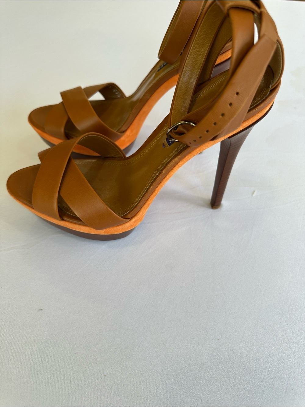 Ralph Lauren Collection Tan Leather and Orange Suede Ankle-Strap Sandals Size 40